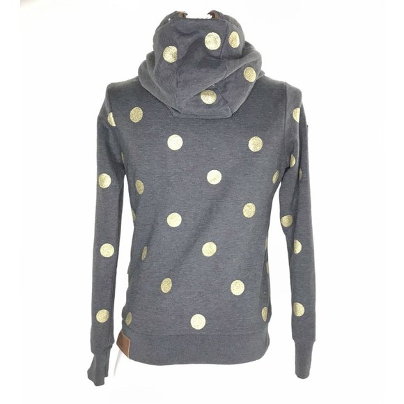 Naketano Women's Hoodie Pullover Brave New Word Gray Gold Sequined Polkadots M - Picture 2 of 11
